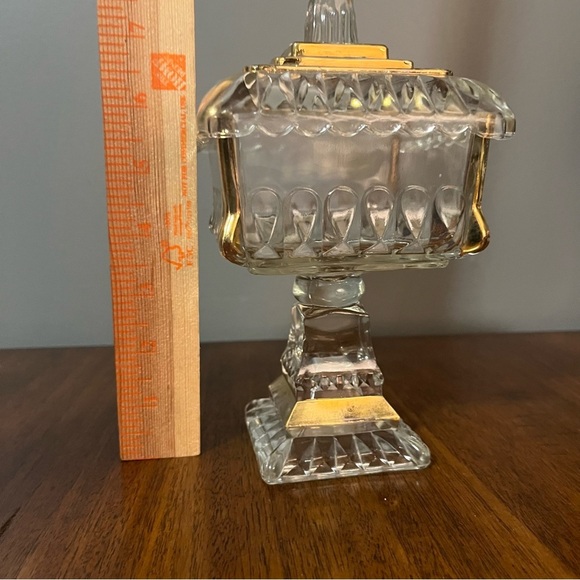 Mid-Century Modern gold-trimmed glass candy dish with a lid. - Picture 12 of 14